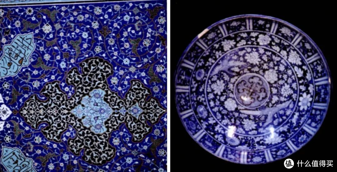 左为伊朗伊斯法罕聚礼清真寺墙上的装饰；右为伊朗国家博物馆藏元青花飞凤花卉纹碗 ©网络